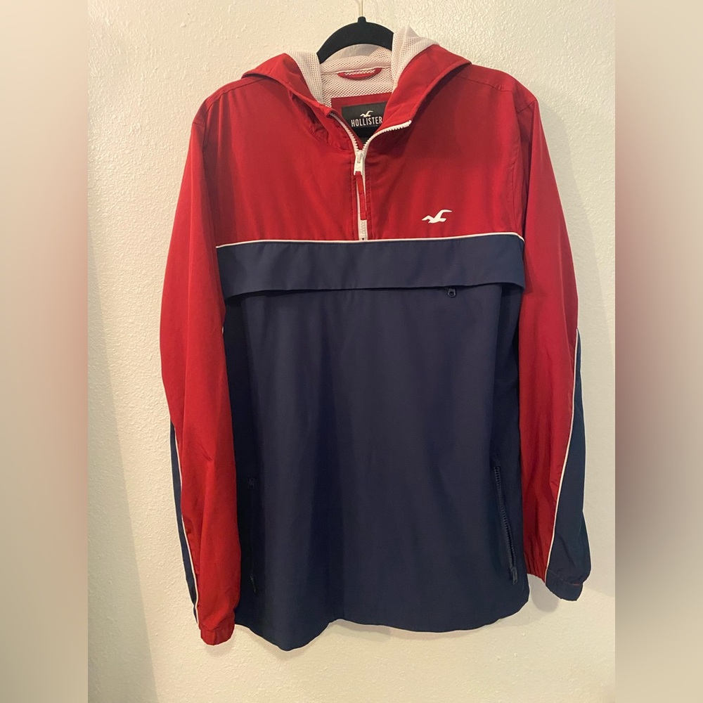 Hollister Men's Windbreaker Red and Blue Jacket with White Accents Size Large
